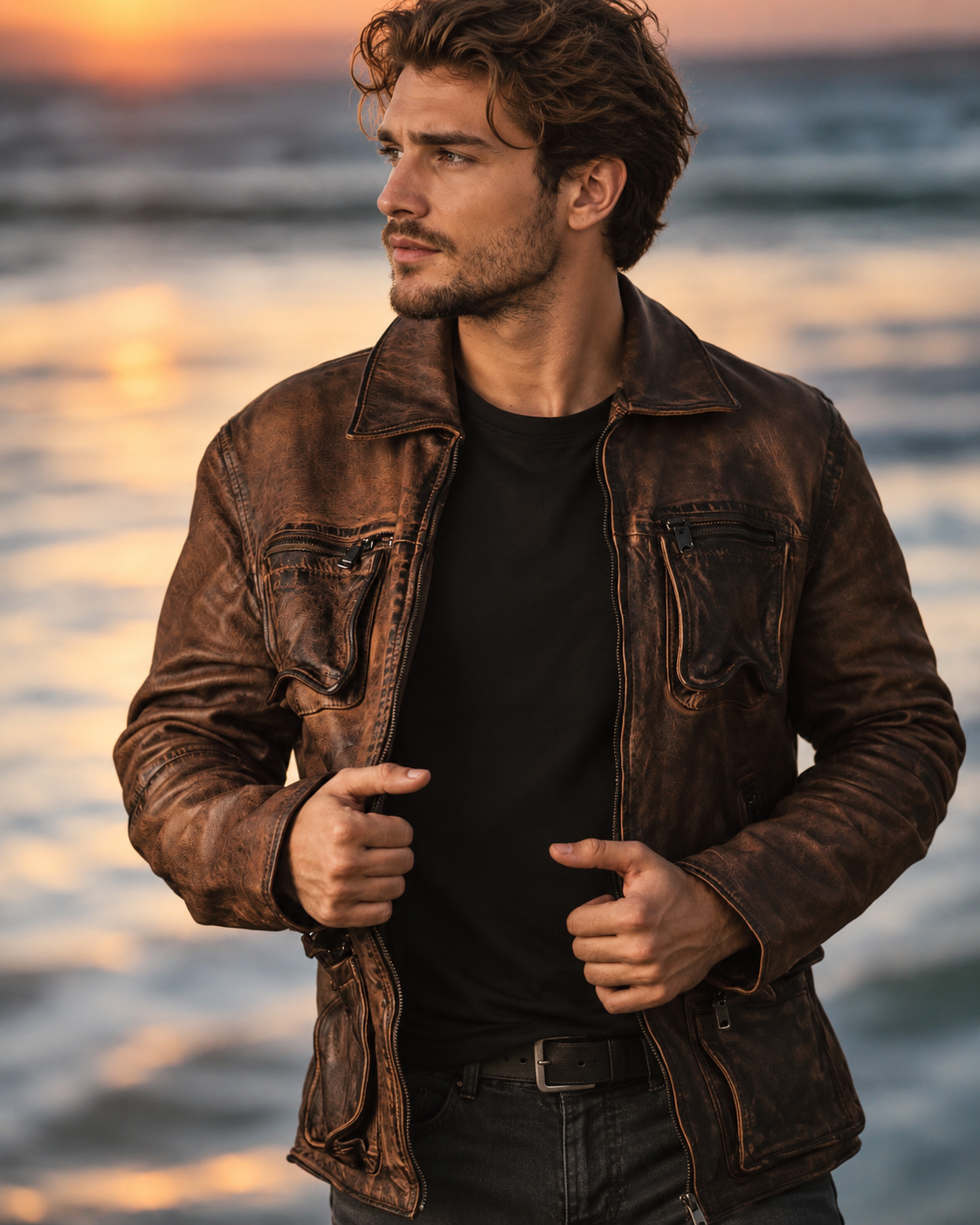 Mann in brauner Lederjacke am Wasser bei Sonnenuntergang