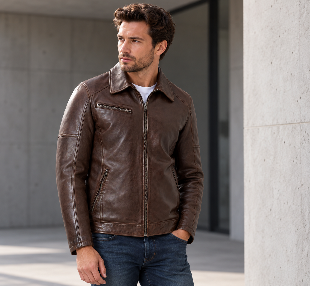 Editorialmotiv: Mann in brauner Lederjacke