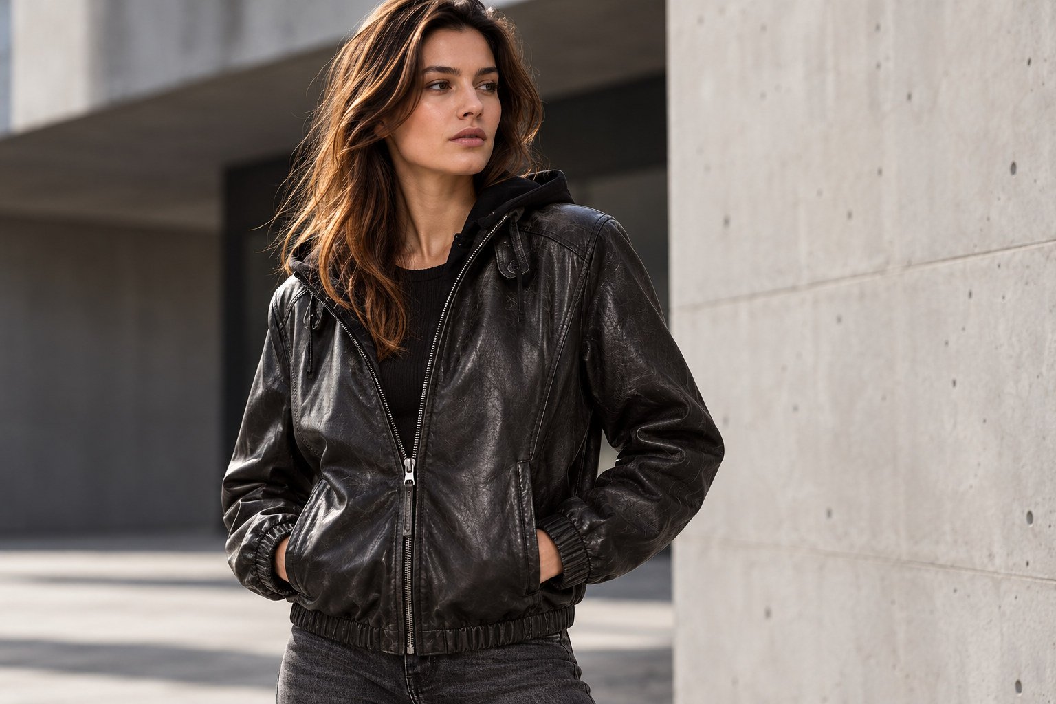 Model in schwarzer Lederjacke vor einer Betonwand