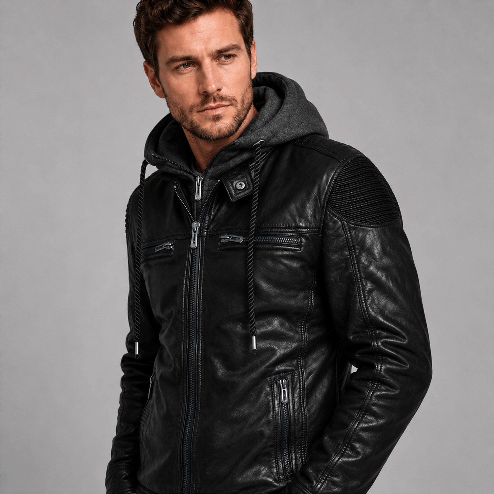 Model in schwarzer Lederjacke mit Kapuze
