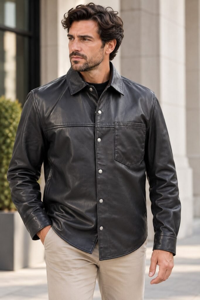 Schwarze Lederjacke im Hemdstil